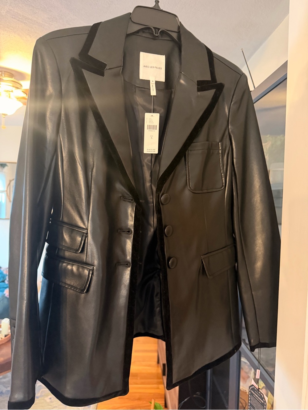 Avec Les Filles Black Faux Leather Blazer with Velvet Trim